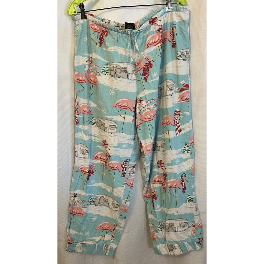 Nick & Nora Pajama Pants Flamingos Snow Airstream Cotton Flannel Blue Women's XL